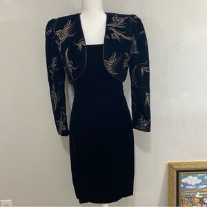 Vintage Leslie Fay Black Velvet Dress with Patterned Velvet Bolero Jacket, 6P